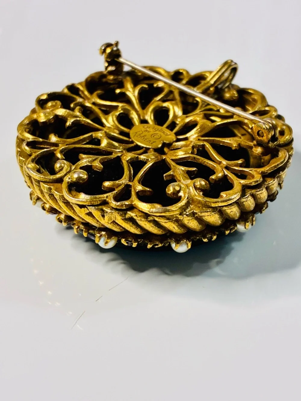 VTG Original By Robert Black and Gold Enamel Brooch with Pearls Courting Scene